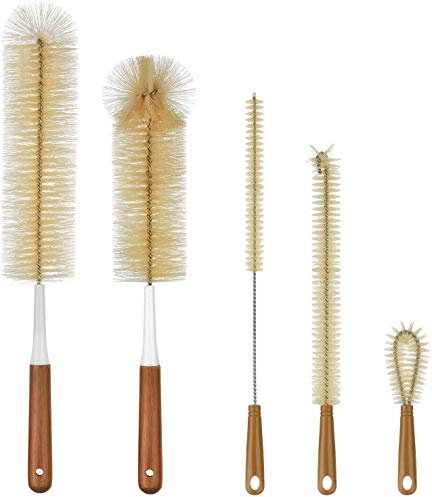 ALINK 5-Pack Bottle Brush Cleaner - Long Bamboo Handle Water Bottle Straw Cleaning Brush for Washing Narrow Neck Beer Wine Decanter, Sports Bottle