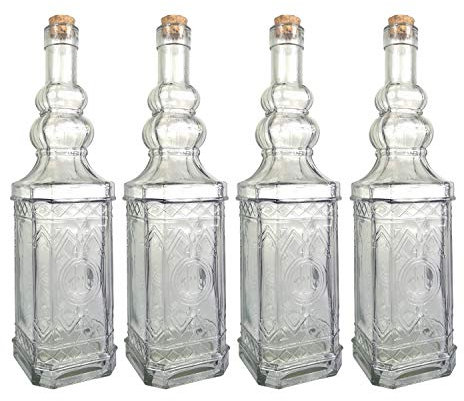 Lucenté Traditional Vintage Style Square Clear Glass Decanting Storage Bottles 800ml with Cork Stopper - Set of 4-30cm (H) x 8cm (W) x 8cm (D)