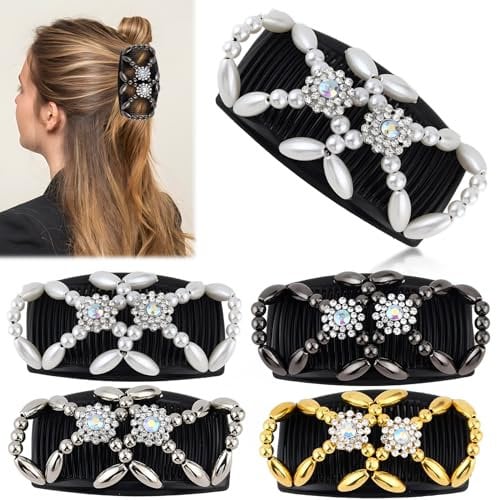 Haarspange Haarkamm, 4 Stück Magische Haarspange Perlen Magic Elastische Haarkämme Stretch Hair Comb Doppel Clips DIY Haar Styling Werkzeug für Damen Mädchen Haarschmuck Gold, Silber, Weiß, Schwarz