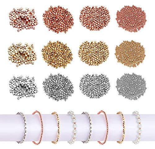 3840stk. Metallperlen 4mm Metall Spacer Bulk perlen, Silber Gold Rosengold Runde Cube Quadratisch Säule Zwischenperlen for Schmuckherstellungs Zubehör DIY Schmuck Armband Halskette