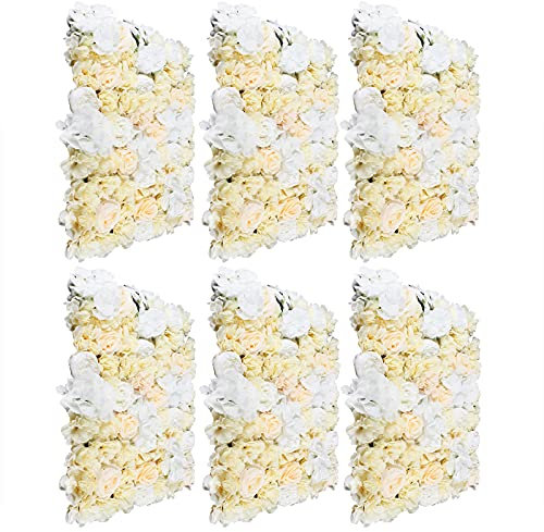 Lot de 6 panneaux de fleurs artificielles - Rose artificielle - Décoration murale en soie - Décoration florale - Jaune clair et blanc