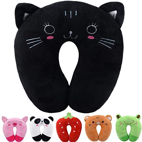 Fiacvrs Kinder-Reisekissen, niedliches Tier-Nackenkissen, U-förmiges Kissen, bequem in jeder Sitzposition im Flugzeug, Auto, Zug für Kinder (schwarze Katze)