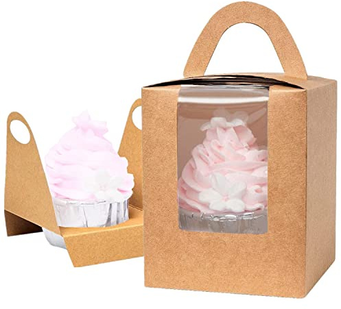 Gbateri 60 Pieces Individual Cupcake Boxes with Insert and Clear Window, Brown Kraft Single Cupcake Boxes Cupcake Carrier with Handle Cupcake Container Bakery Boxes Mini Cake Boxes Treat Gift Boxes
