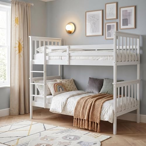 Panana Bunk Bed Tween Sleeper Bed with Ladder, 3FT Single Bed Frame for Kids, Children (White)