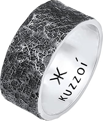 Kuzzoi Herrenring (10 mm) Massiv Handgeschmiedet, Bandring für Männer aus 925 Sterling Silber, Cooler Silberring im Used Look, Ring mit rustikaler Struktur oxidiert, Ringgröße 56, 0609652220_56