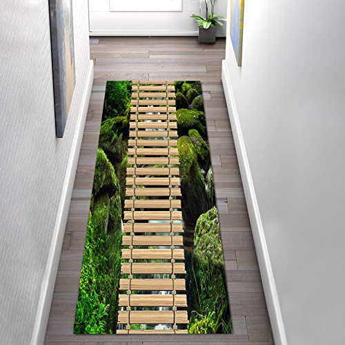Teppich Läufer Flur rutschfest 3D Grünes Modernes Muster Korridor Küchenläufer 60×300cm, Polyester TeppichLäufer Waschbar für Flur, Küche, Schlafzimmer, Wohnzimmer