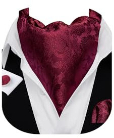 Barry.Wang Herren Paisley Ascot Krawatten-Set mit Taschentuch und Manschettenknöpfen, Seidenjacquard, gewebtes Blumenmuster, Burgunderrote Blume, Einheitsgröße