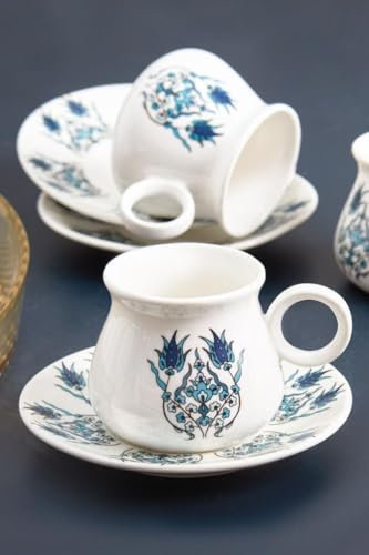 KARACA Bursa Turkish Coffee Cup Set for 6 People - 12 Piece Cups with Saucers - Small Porcelain Espresso Set - Ideal for Serving Greek, Arabic Coffee (90ml)
