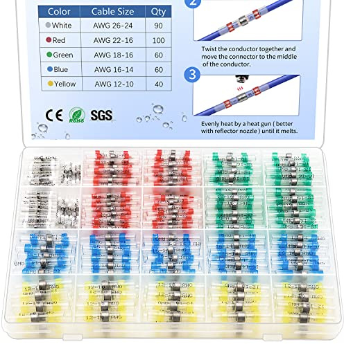 350 Pcs Solder Seal Wire Connectors Heat Shrink Butt Connectors Kit Marine Waterproof Wiring Electrical Cable Splice Terminals for Boat Automotive RV Trailer