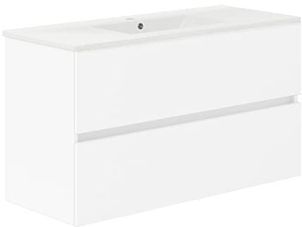 Baikal, Conjunto de baño Natura. Mueble de Baño de Fondo Reducido, con Lavabo cerámico. Distribución Dos Cajones. Mueble MONTADO. Dos Cajones sin Espejo. Fondo 39cm 100 cm Blanco