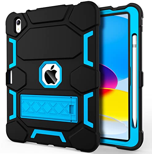 CCMAO Custodia per iPad 10th Generation 10.9 Inch 2022, custodia per iPad 10 con cavalletto e portamatite, resistente antiurto ibrida a tre strati protettiva per bambini e ragazzi, nero+azzurro cielo