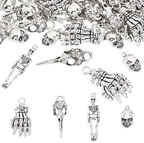 FINGERINSPIRE 60 Stück 4 Stile Metallskelett Schädel Handklauen Charme Vogelkopf Skelett Anhänger Legierung Krähe Rabenschädel Charms Tibetischen Stil Anhänger Für Schlüsselanhänger Halskette Armband