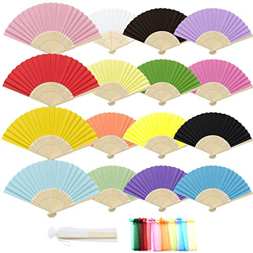 SPOKKI Hand Fan Folding, 16 Pieces Paper Fans with Portable Bags, Hand Fans for Wedding Favours, Guests, Party Decorations, Photo Prop(Multicolor)