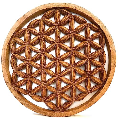 Trintura Blume des Lebens Wandbild Lebensblume Energiebild Holzbild Handarbeit aus Akazien-Holz groß Wand-Bild-Dekoration Esoterik Geschenk Holzdeko braun Bild Feng Shui (40cm)