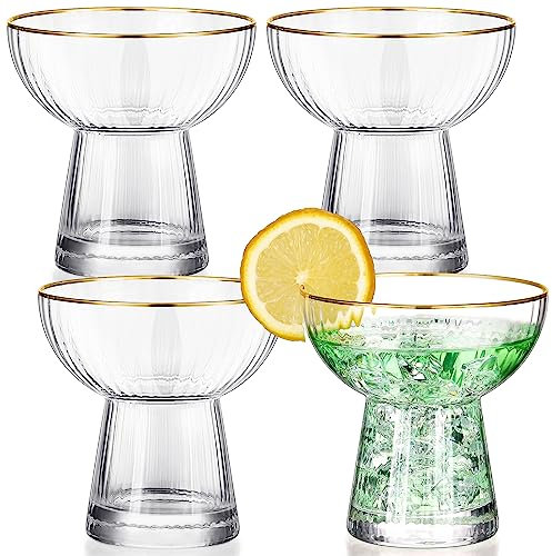 Lallisa 4 Pcs Stemless Margarita Glasses with Gold Rim Vertical Stripes Cocktail Glasses Ribbed Glassware Frozen Cocktail Tumblers Mixed Drinkware Sets Margarita Cups for Martini Wine Beer, 10 oz