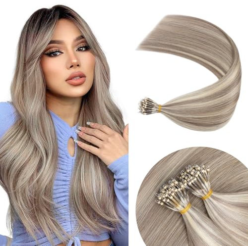 Elailite Nano Beads Hair Extensions Real Human Hair 50 Strands 50g Nano Rings Nano Tip Cold Fusion Remy Hair Straight (#18Y/613 Ash Blonde Mix Bleach Blonde, 16 Inch)