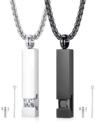 Finrezio 2 Piezas Colgante Urna Cremación para Collar de Cenizas de Plata Negra de Acero Inoxidable Conmemorativo, Recuerdos De Joyería con Circonita Cúbica