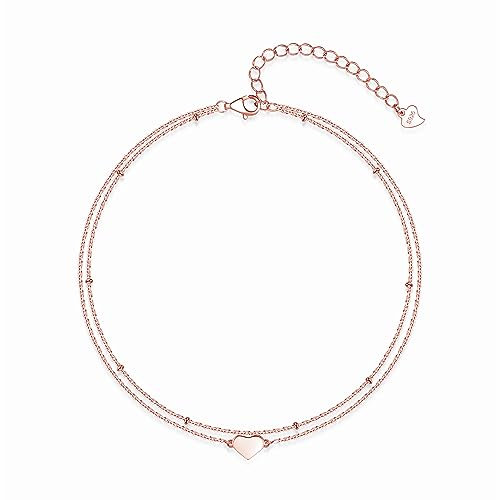Kamise Fußkettchen für Damen Silber 925, 22+5cm Verstellbar Mehrschichtige Rosegold Fußspange, Sommer Barfuß Strand Fußkettchen Armband, Wasserfest Fußbändchen Knöchel-Kette, Herz Doppelkette Fußkette
