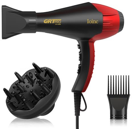 Secador de Pelo Profesional Iónico 2400W AC-Motor Secador con Difusor Rizado y 2 Boquillas, 40 Millones de Iones Negativos Antiencrespamiento Hogar Peluquería Salón 3 Temperaturas 2 Velocidades negro