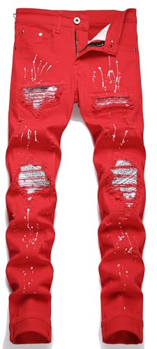 OIIIO Men's Patch Ripped Stretch Regular Fit Jean, 6643 Red, 38