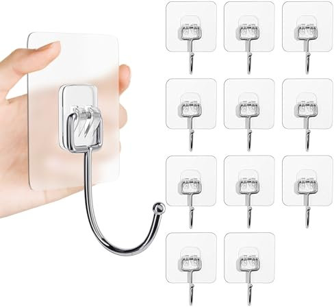 CANGCANG 12PCS Adhesive Hooks Heavy Duty 15kg(Max), Self Adhesive Large Size Sticky Hook, Clear Strong Hooks Self Adhesive for Kitchen Bathroom Wall Ceiling Hange Office Kitchen