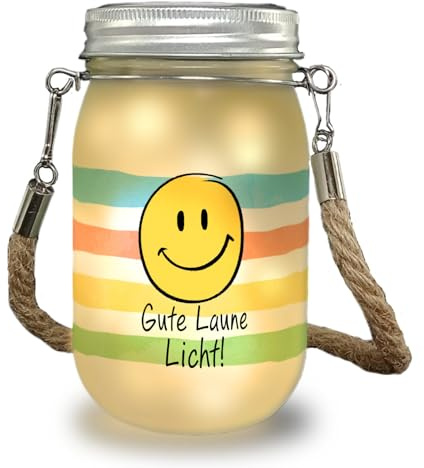 Emoticon Solarlicht mit Spruch Gute Laune Licht ein fröhliches Dekolicht für die Terrasse Motiv Licht Frauen bunt Geburtstag Dekolampe Einmachglas Solar Deckel bunte Solarlicht er