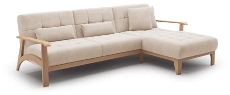 Cavadore Ecksofa Billan / Schlafsofa im skandinavischen Design mit Longchair, Bett und massivem Holzgestell in Buche / 264 x 88 x 183 / Mikrofaser, Beige