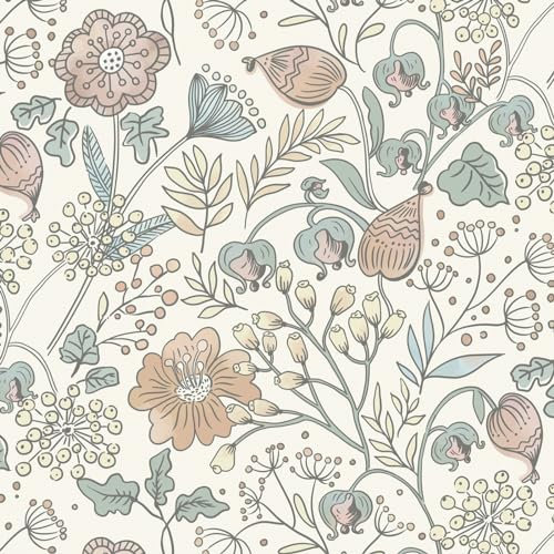 Fiula Blumen Selbstklebende Tapete 41x300CM DIY Möbelfolie Bunt Blumentapete Blätter Floral Klebefolie Wandtapete Wohnzimmer Schlafzimmer Möbel Vinyl Wrap Dekorfolie Rot Grün Creme Wallpaper