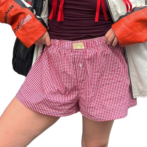 OOHOKAY Frauen Y2k Shorts Micro Button Boxershorts elastische Taille Böden Sommer Casual Plaid Lounge Short (Red-8,M)