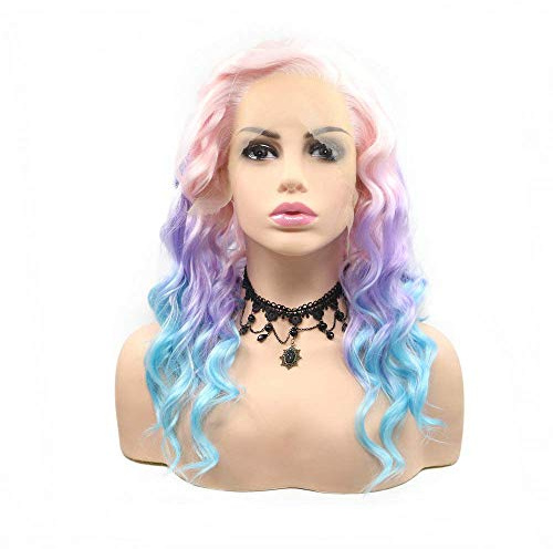 HBYLEE-Wig for cosplay Long Bouncy Curly Hair Friendly Drag Queen Side Part Hairline Pastel Pink Ombre Purple Blue Lace Front Wig Mermaid Cosplay Wigs for Women Makeup Party Travel