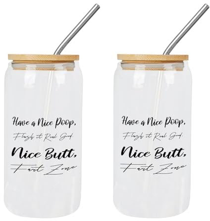 Yelolyio 2 Glasbecher mit Bambusdeckel Have A Nice Poop, Flush It Real Good, Nice Butt, Fart Zone, Boba-Becher, Muttertagsgeschenke, Tassen, ideal für Mojito, Limonade, Whiskey, 2 Stück