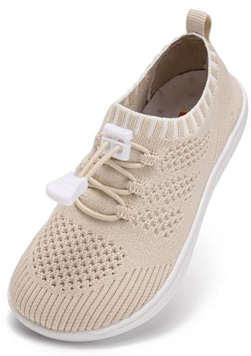 IceUnicorn Barfußschuhe Kinder Breite Zehenbox Knit Jungen Mädchen Hausschuhe Minimal Kleinkind Walking Schuhe Minimalistische Atmungsaktiv(Beige, 23EU Weit)