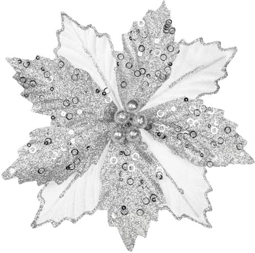 Arborus 8 PCS Poinsettia Christmas Decorations 8.3“ Glitter Christmas Poinsettia Artificial Flowers Stem Silver Christmas Tree Decorations Artificial Christmas Flowers for Xmas Garland Wreath Decor