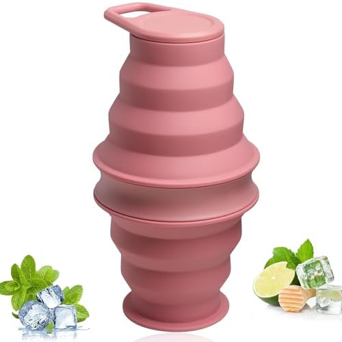 Shunshi Collapsible Silicone Water Bottle 500ML, Foldable and Reusable Leak-Proof Drink Bottle with Anti-Collapse Ring, Ideal for Travel, Hiking, Camping, Running, and Sports Activities(Pink)