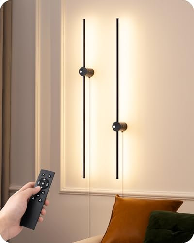 EDISHINE Dimmable Plug in Wall Light, 3000K-6000K Modern Wall Sconce Light Set of 2, Black LED Wall Light with Remote, 100CM 350° Rotation Indoor Wall Lamp with Timer for Living Room, Bedroom