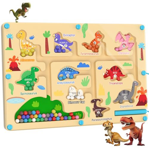 Magnetspiel Labyrinth Dinosaurier Spielzeug Busy Board, Montessori Spielzeug ab 3 4 5 6 Jahre, Holzspielzeug Zahlen Farben Lernen Sortierspiel Motorikspielzeug, Geschenk für Kinder Jungen Mädchen