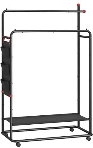 SONGMICS HOME Porte-Manteau, Portant à Vêtement en Métal, avec Roulettes, 2 Barres de Suspension, Étagère de Rangement, Sac Latéral, Crochets en Forme d’Allumette, Noir d’Encre HSR171B01