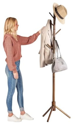 MEILEWLE Portemanteau autoportant, avec 6 crochets et 3 tailles réglables en bois massif, facile à assembler pour chambre, couloir, entrée, bureau, pour chapeaux, manteaux (05 - Vintage Wood)