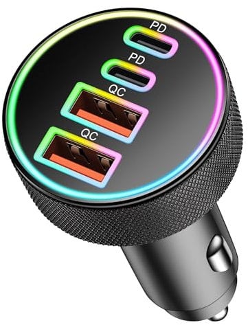90W USB C Car Charger, 4-Port Dual 45W USB-C/A Car Adapter Multi PD/QC Fast Charging Cigarette Lighter 12V Socket for iPhone 16 15 14 Pro Max/16e, Samsung Galaxy S25/S24/S23, Google Pixel 9/8 Phone