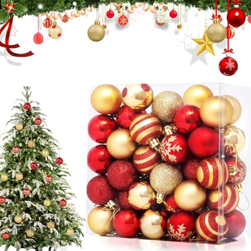 Palline di Natale Rosse e Oro 50 pezzi 4 cm Palline Albero di Natale Addobbi Natalizi Albero di Natale Palle di Natale con Cordino per Natalizie Matrimoni Feste Compleanno