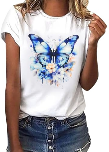 heekpek Femme T Shirt Blanc Chic T Shirts Col Rond Haut Manches Courtes Ete T Shirt Coton Tee Shirt Imprimé pour Femmes Files, Le Papillon Bleu, M