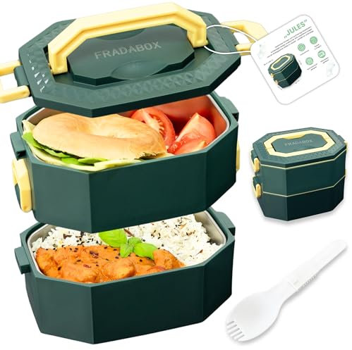 FRADABOX® Fiambrera Bento Jules, 2 niveles, acero inoxidable premium, sin BPA, fiambrera con cubiertos, ideal para viajes, caja de comida con compartimentos para adultos, a prueba de fugas y