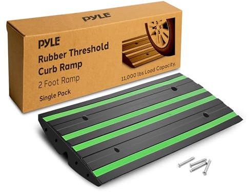 PYLE Auffahrrampe – Bordsteinrampe Gummi 1 Stück Auffahrrampen für Einfahrt & Garage – Rampe Auto mit grünem Reflektor – Schwellenrampe PKW wetterfest – je Autorampe 5t Traglast & 61L x 41W x 7H cm