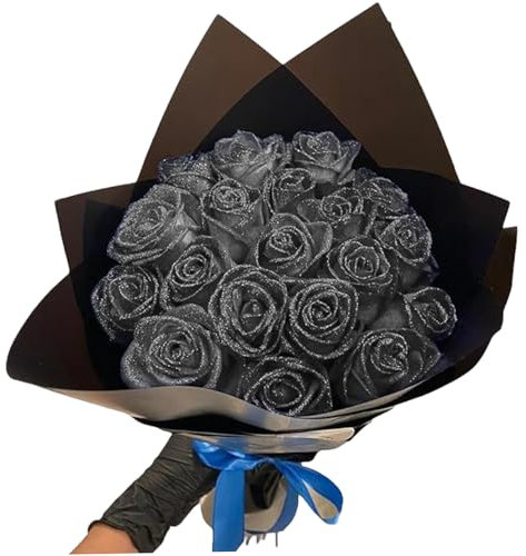 30pcs / ensemble Bouquet de roses à paillettes, 9,5 Bouquet de fleurs artificielles brillantes, bricolage de fausses roses décoratives avec de la tige, des rubans d'emballage et du papier d'emba