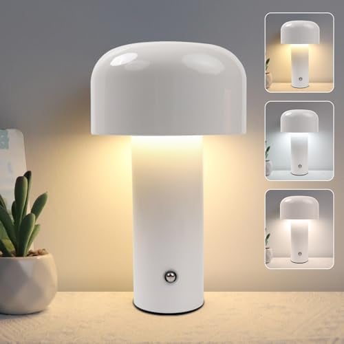 EXTRASTAR LED Pilzlampe, Dimmbar Touch-Tischlampe mit 3 Farbtemperatur und USB-C, Kabellos Tischlampe für Schlafzimmer & Wohnzimmer, Weiß