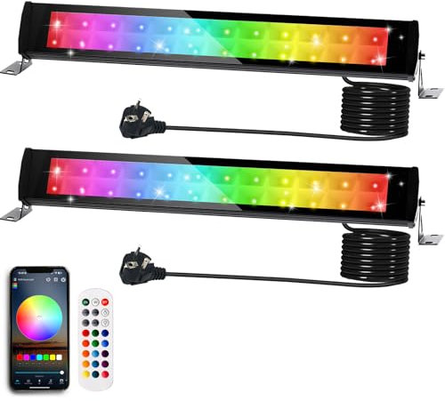 Indmird RGB Strahler 50W, 2 Stück RGB LED Strahler mit 360° Fernbedienung und Bluetooth APP Rgb LED Wallwasher IP66 Wasserdicht RGB Strahler Außen Partylicht für Disco Bühne Feiern Garten Halloween