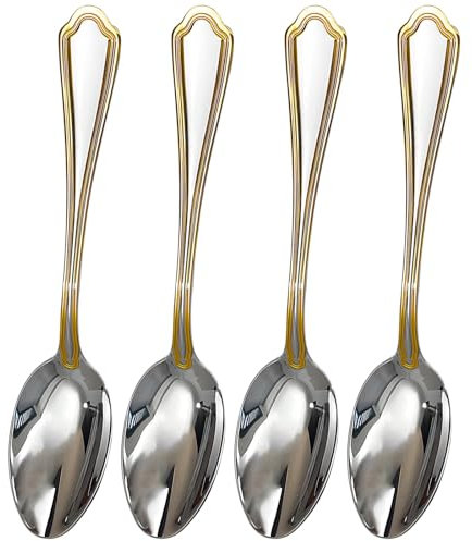 Juego de cubiertos europeos de lujo, 4 cucharas de servir de acero inoxidable 304 con ribete dorado, perfecto para cenas finas