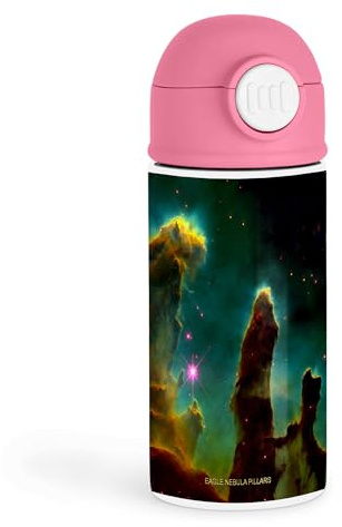 Inspirational Young Astronomers 12oz Kids Pink Bottle – Colorful cosmic design featuring nebula pillars – School Days, Stargazing Events