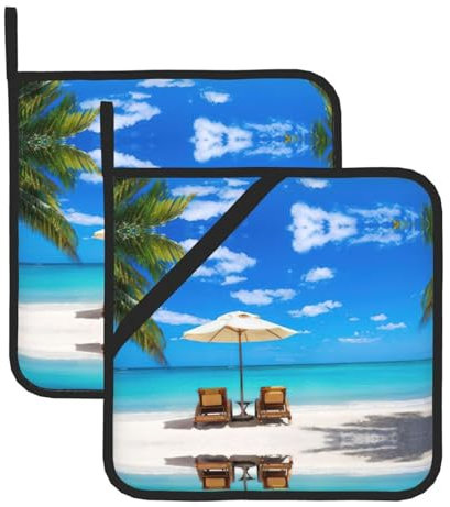 Beach Palm Tree Pot Holders Set 2 Pans Holders 20.5cm Heat Resistant Grilling Microwave Barbeque Handling