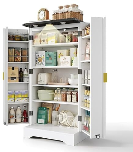 ZODICK Küchenschrank mit LED-Sensor und Gewürzregal, Geräumiger Doppeltürschrank mit Verstellbaren Regalen und Modernem Türdesign, hohes Küchen-Sideboard, 120 * 60,5 * 40 cm, Weiß